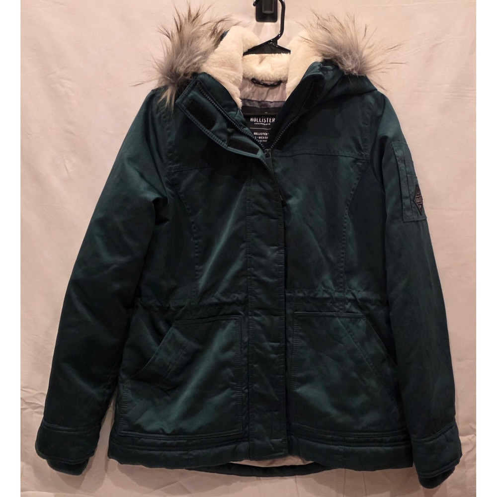 Hollister All-Weather Parka Jacket Teal Green Faux Fur Hood Women Medium
